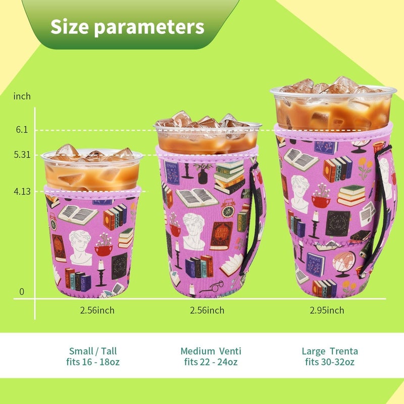 Snowso 3 Pack Iced Coffee sleeve Insulated Neoprene Cup Sleeves with handle For Cold Drinks Beverages, Reusable Cup Holder for 16oz-32oz Coffee Cups (Book Club) - Image 2